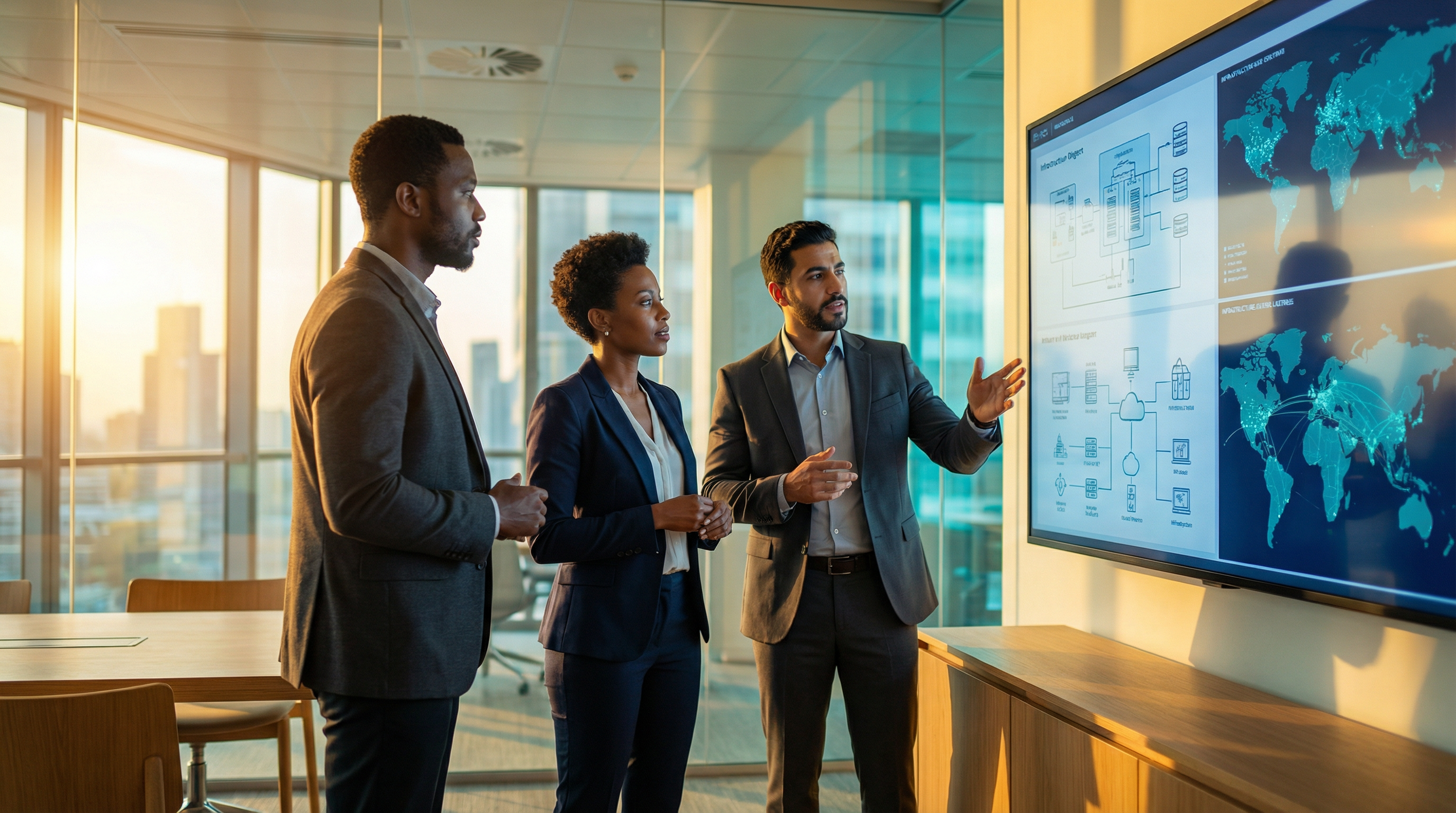Professionals reviewing infrastructure diagrams in modern office