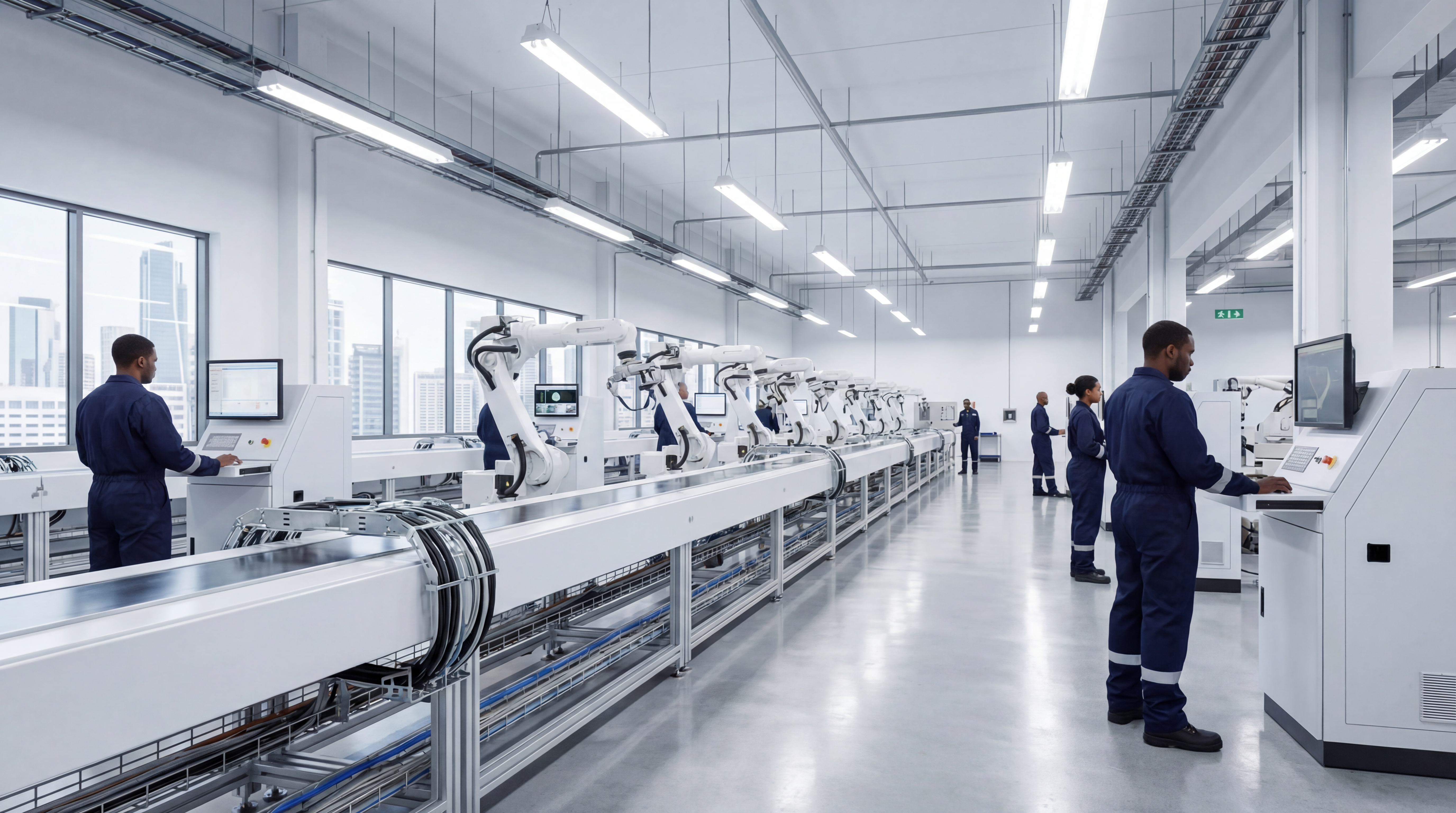 Modern smart factory with robotic assembly line and African engineers at control stations